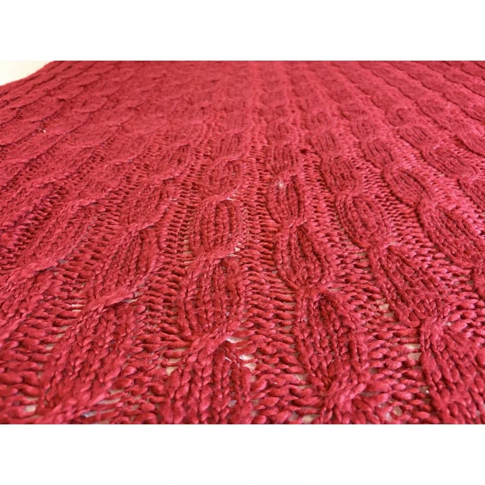Vintage Red Crocheted Cable Knit Blanket Afghan Throw Yarn Sofa Bed 54” x 62”